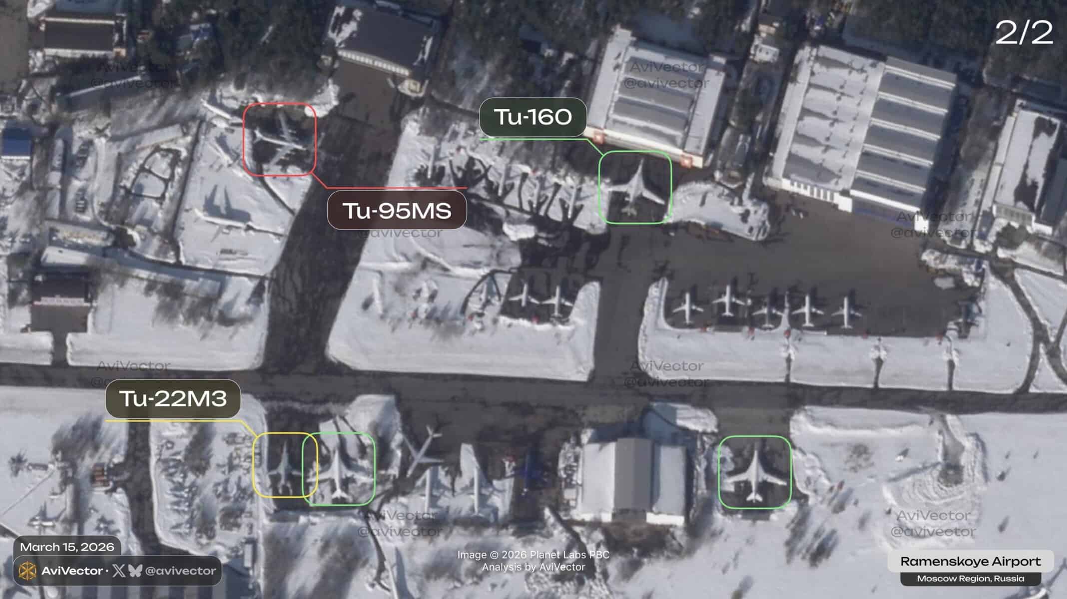 Aircraft at the Ramenskoye airfield in satellite images. Photo credits: Planet Labs/AviVector