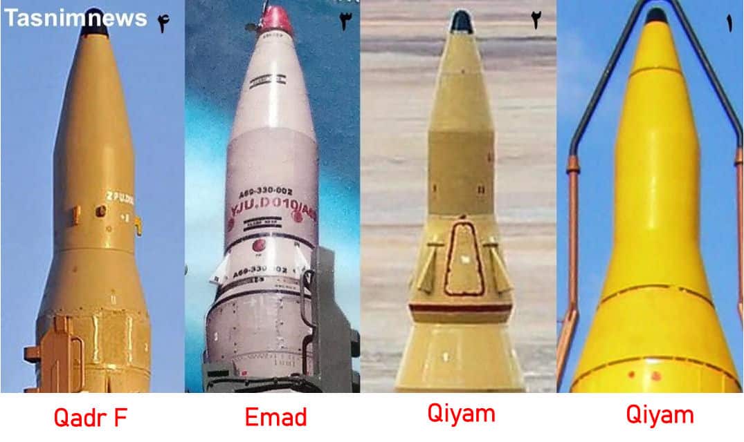 Comparison of the warheads of the Ghadr-F, Emad, and Qiam missiles. Photo credits: Tasnim News