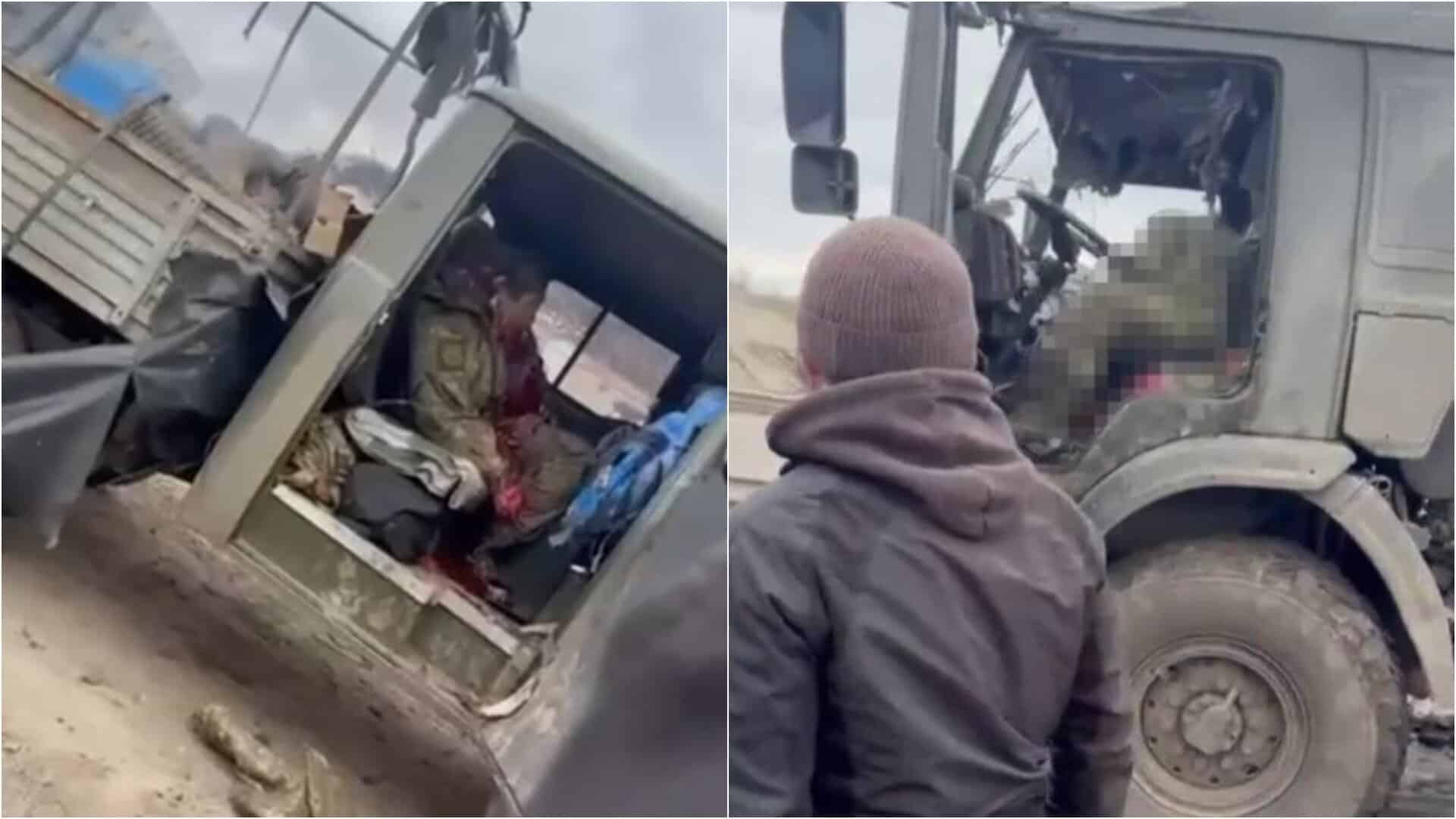 Russian military drivers of logistics trucks eliminated by FPV drones. March 2026. Photo credits: Voenkor Kotenok