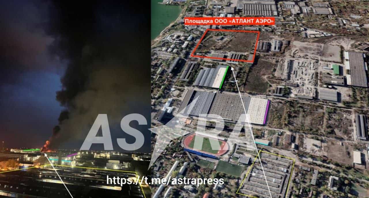 Колаж з ідентифікацією місця прильоту українських ракет у Таганрозі. 19.04.2026 року. Фото: Astra.