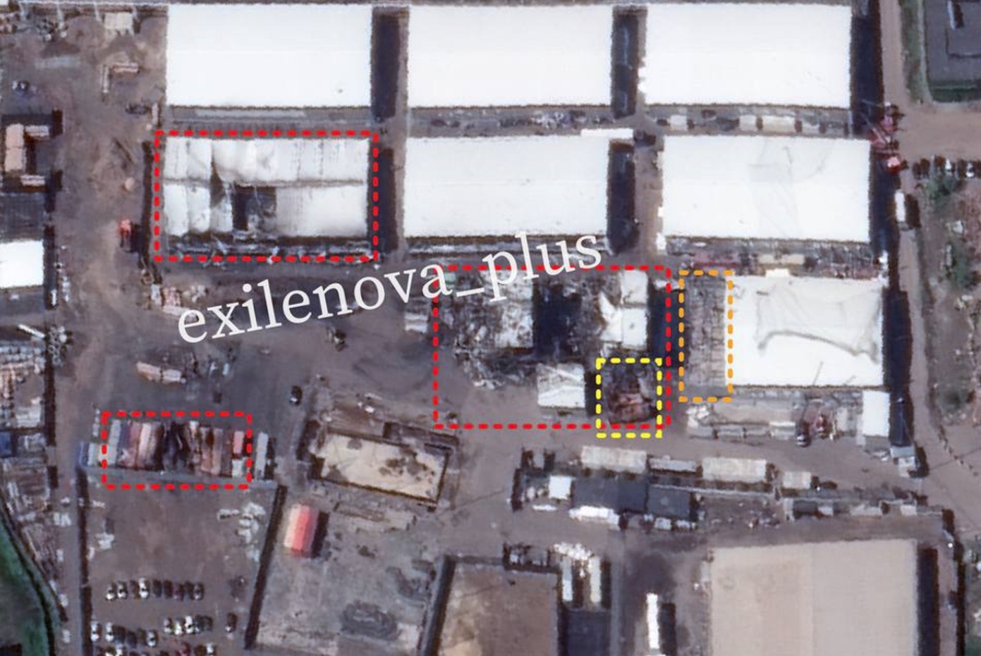 An overview of the new damage at the Atlant-Aero plant after the Ukrainian strikes. April 2026. Source: Exilenova+.