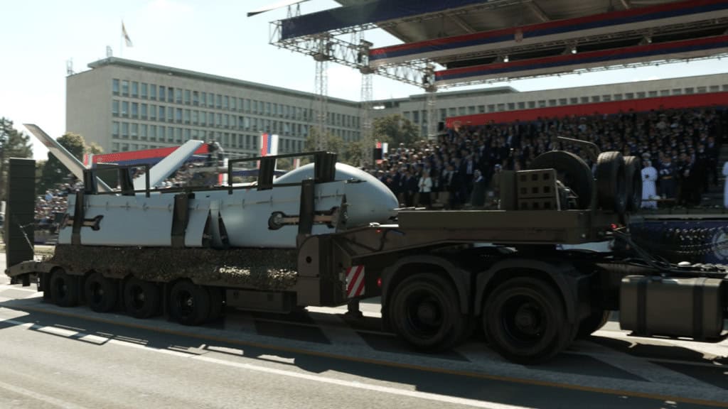 A Hermes 900 unmanned aerial vehicle sold by Elbit to Serbia at a military parade in Belgrade, October 20, 2025. Photo credits: BIRN/Sasha Dragojlo