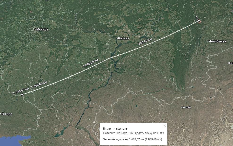 Distance from Yekaterinburg to the Ukrainian border according to Google Maps