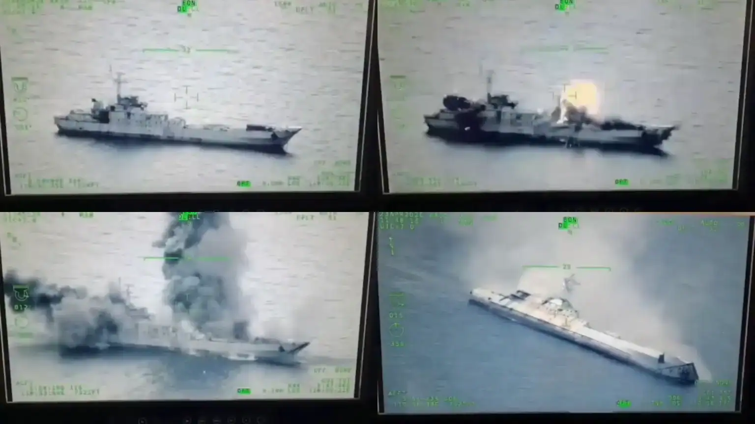 Teluk Hading (538) sinks after being hit by an anti-ship missile. Photo credits: Indonesian Navy