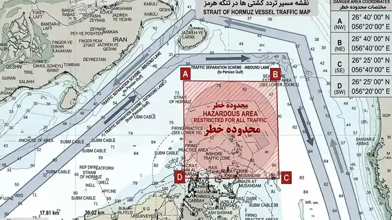 The traffic separation scheme in the Strait of Hormuz from Iran’s National Security Commission for April 9, 2026. Photo credits: IRGC