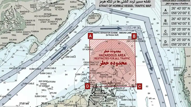 Traffic separation scheme in the Strait of Hormuz from the Iranian National Security Commission dated April 9, 2026. Photo credits: IRGC