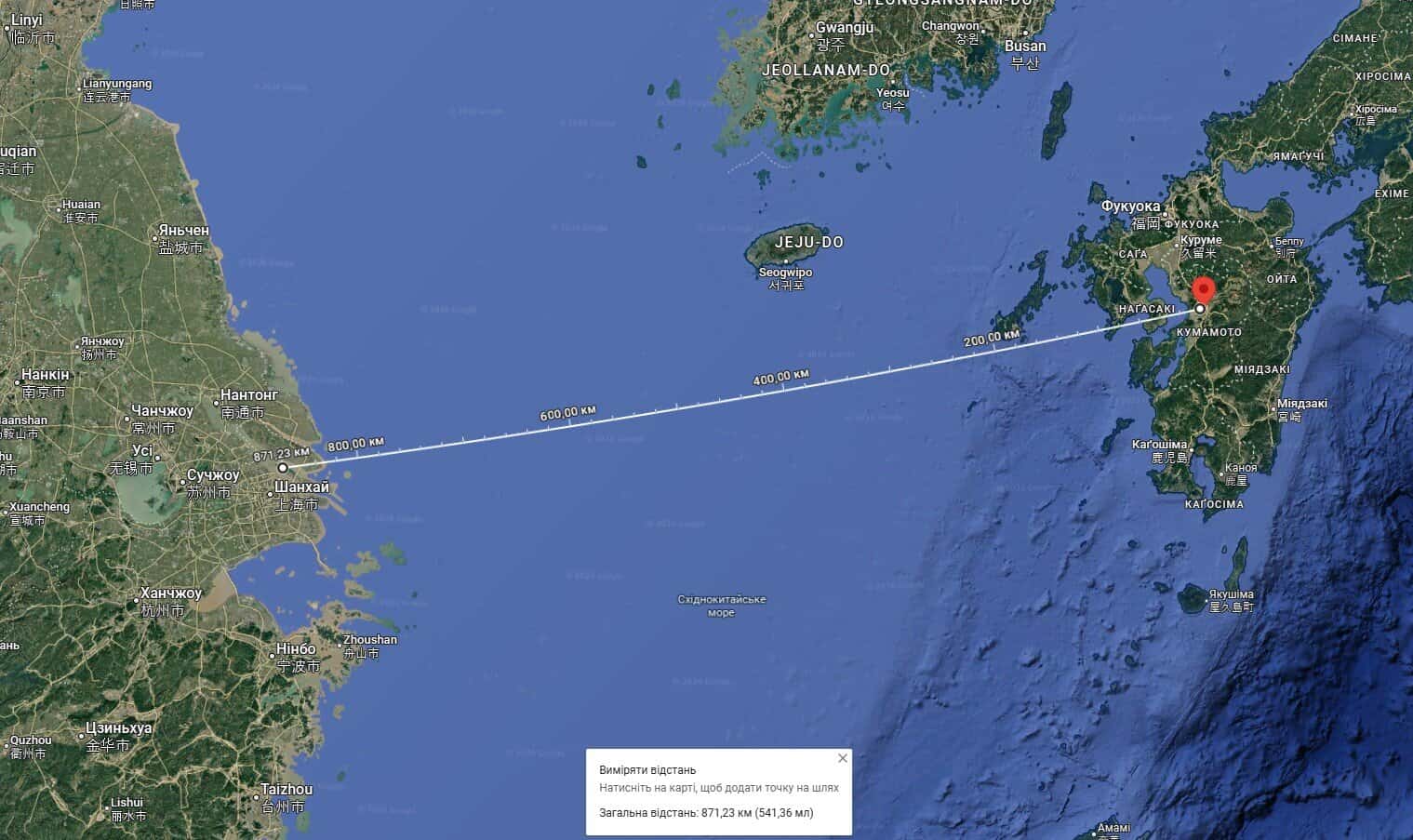 Distance from the center of Kumamoto City (Japan) to the Chinese city of Shanghai. Google Maps screenshot