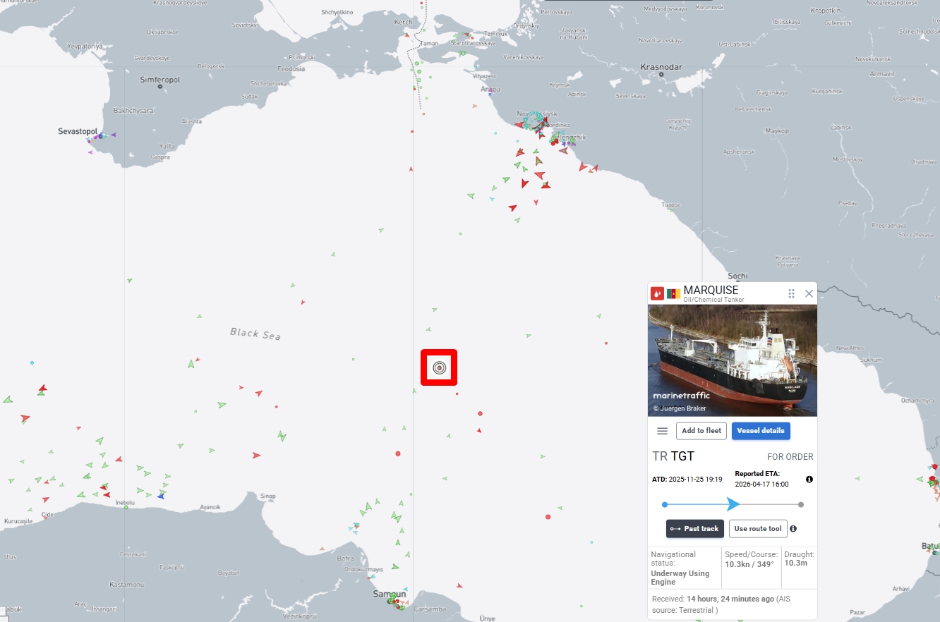 The last recorded location of the tanker MARQUISE on the marinetraffic.com map