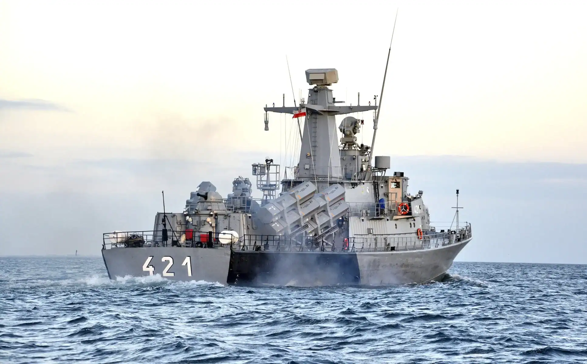 Missile boat ORP Orkan (421) of the Polish Navy at sea. On deck are launchers for Swedish RBS-15 anti-ship missiles. Photo credits: Polish Navy