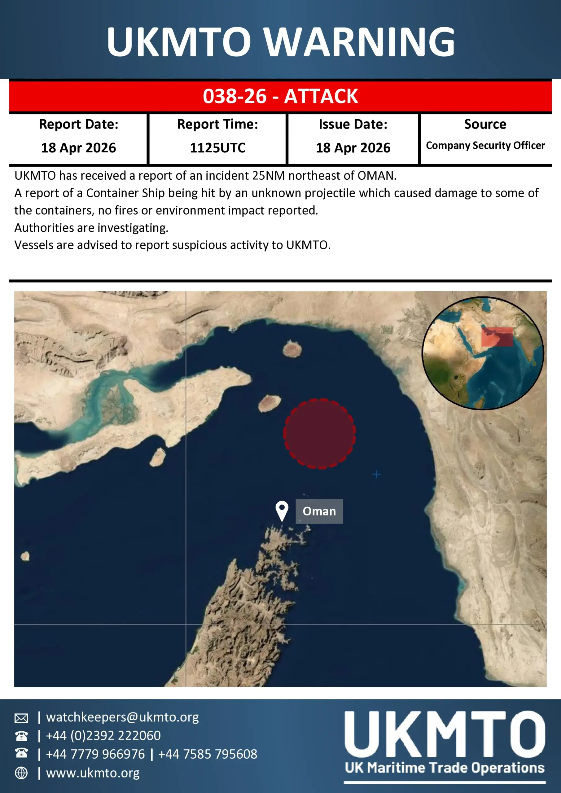 Warning of an Iranian attack on a civilian vessel on April 18, 2026. Infographic by UKMTO