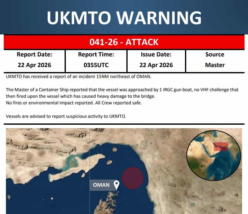 UKMTO warning on the container ship attack. Photo credits: UKMTO
