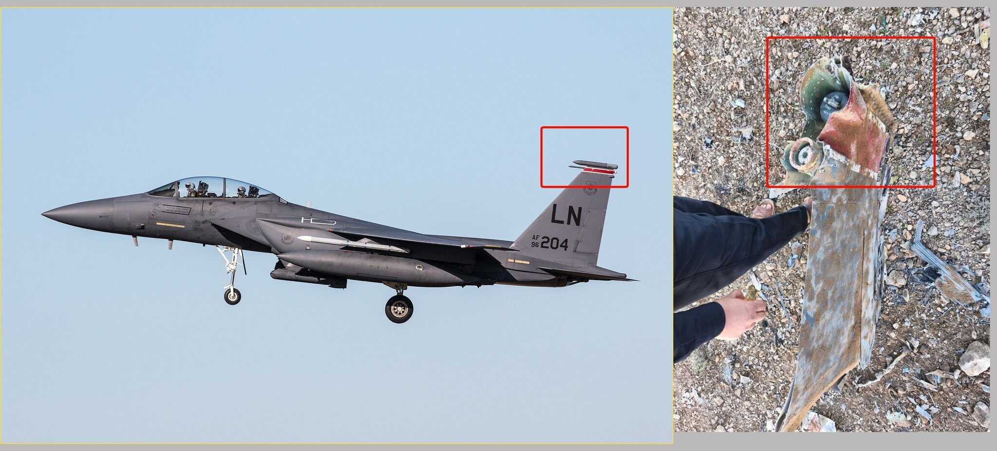 Порівняння винищувача F-15 з уламками знайденими в Ірані. Джерело: @hey_itsmyturn