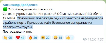 Допис губернатора Ленінградської області Олександра Дрозденка у своєму телеграм-каналі. Скріншот публікації.