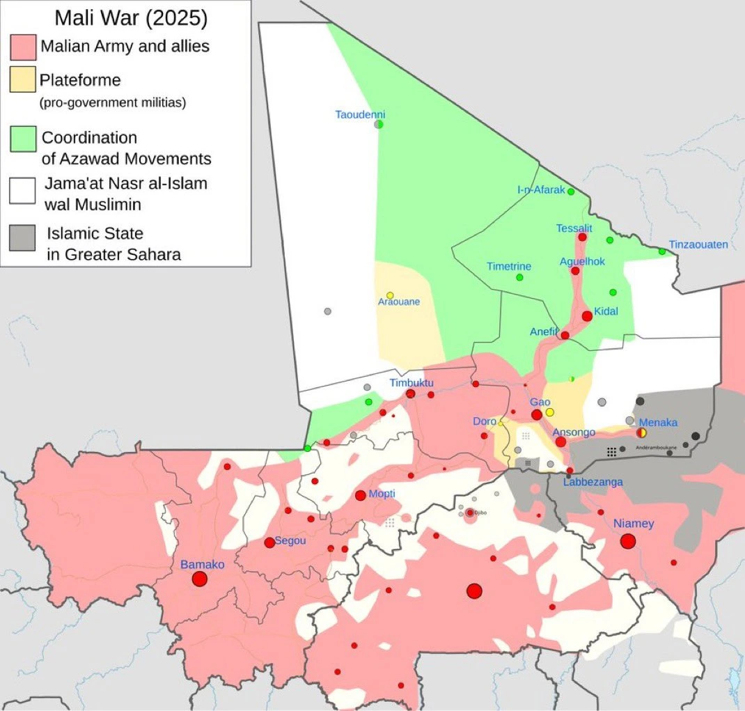 Approximate map of control in Mali prior to the start of the rebel offensive on April 25, 2026. Infographic by Borysk5.