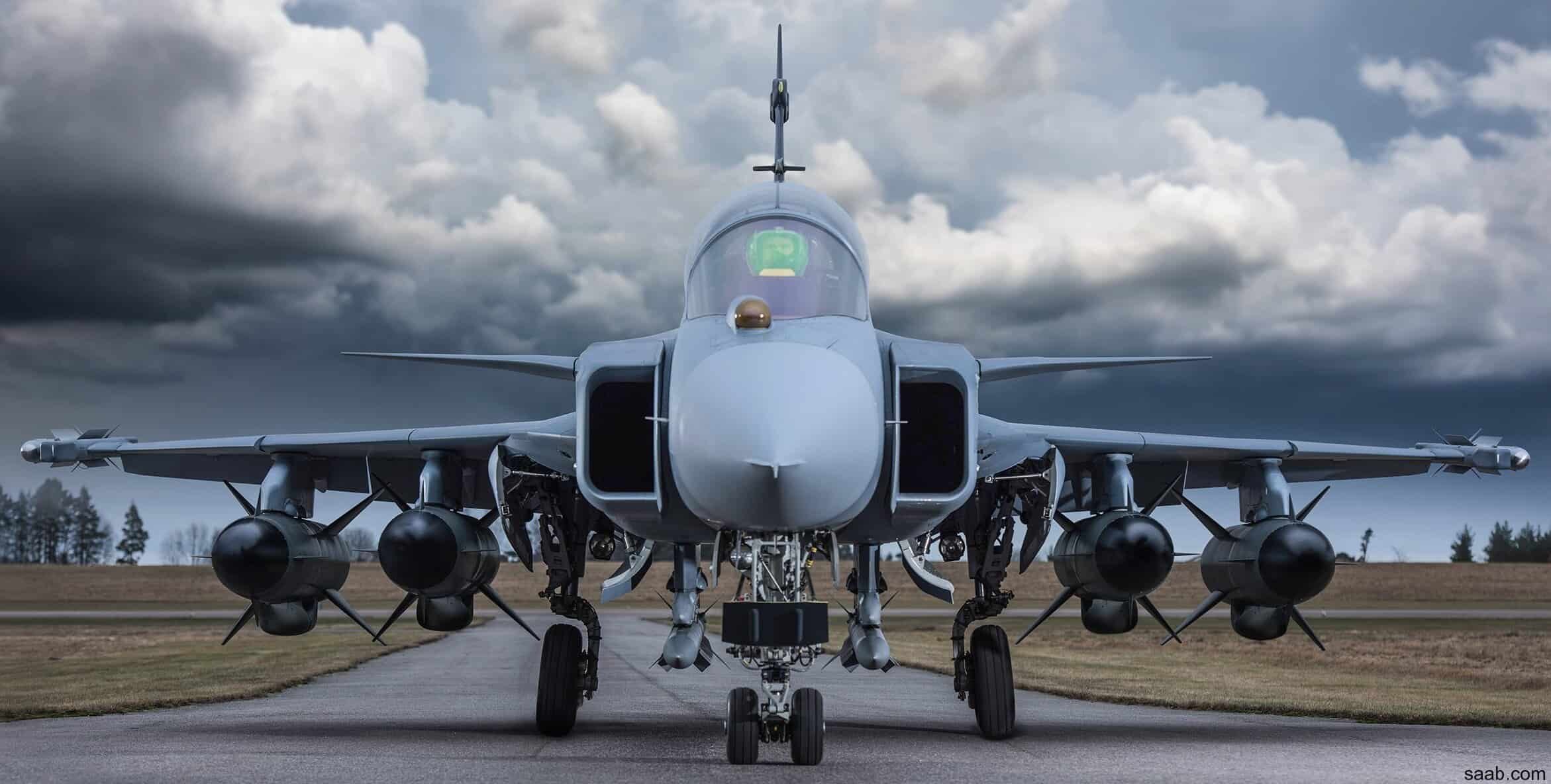 A Saab Gripen E fighter with a full payload - four RBS-15 anti-ship missiles. Photo credits: Saab