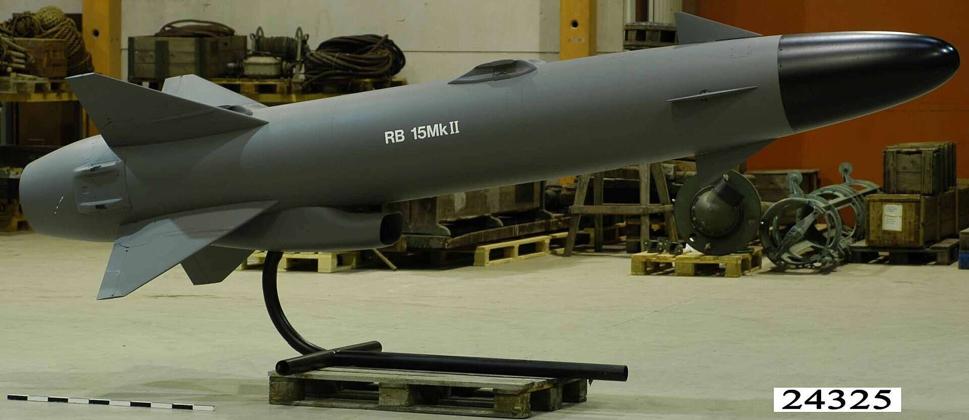 Swedish long-range anti-ship missile RBS-15 (Robotsystem 15), developed by Saab Bofors Dynamics. Photo credits: Marinmuseum / Digitalt Museum