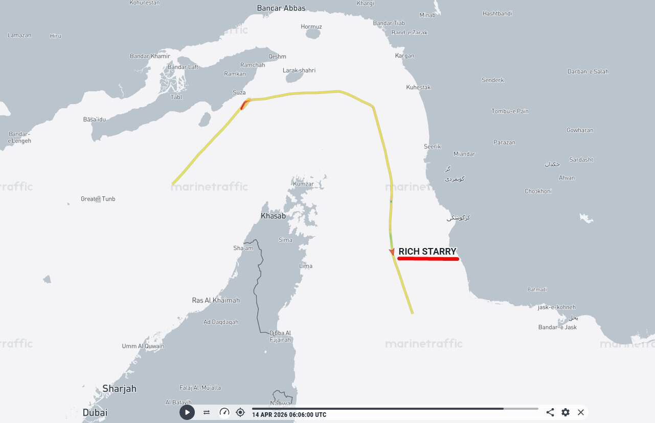 Маршрут танкера Rich Starry 14 квітня 2026 року. Джерело: marinetraffic.com