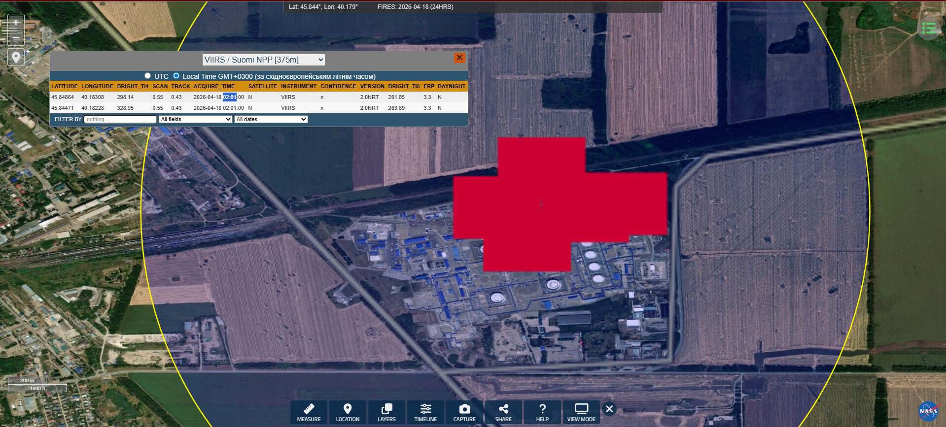 The fire at the Tikhoretsk oil depot detected by NASA’s FIRMS monitoring service. Source: NASA FIRMS.