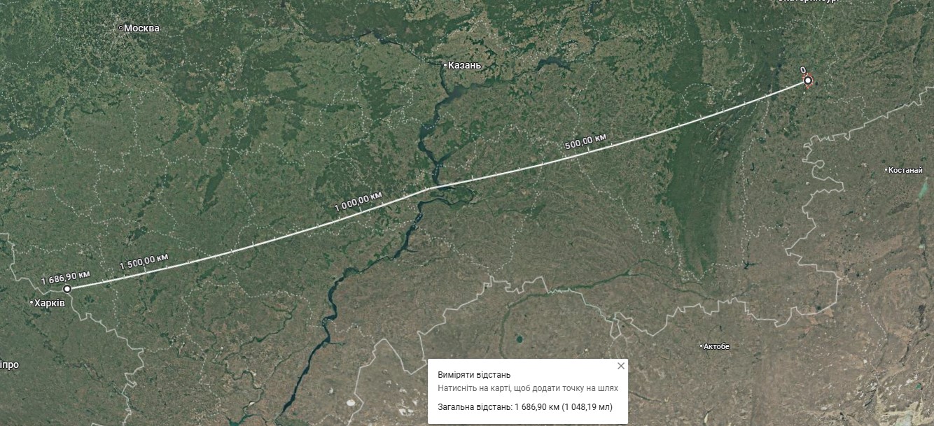 Distance from Chelyabinsk to the Ukrainian border according to Google Maps