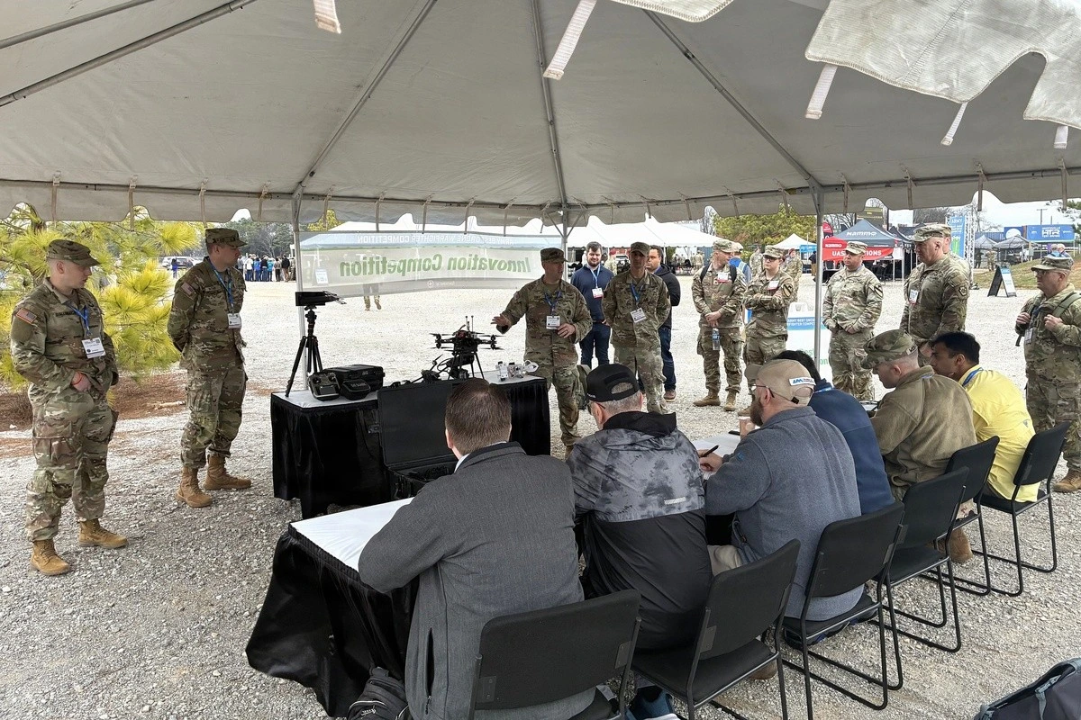 Soldiers from the 28th Infantry Division give a presentation to the judges during the Best Drone Warfighter Innovation Competition. Photo by U.S. Army
