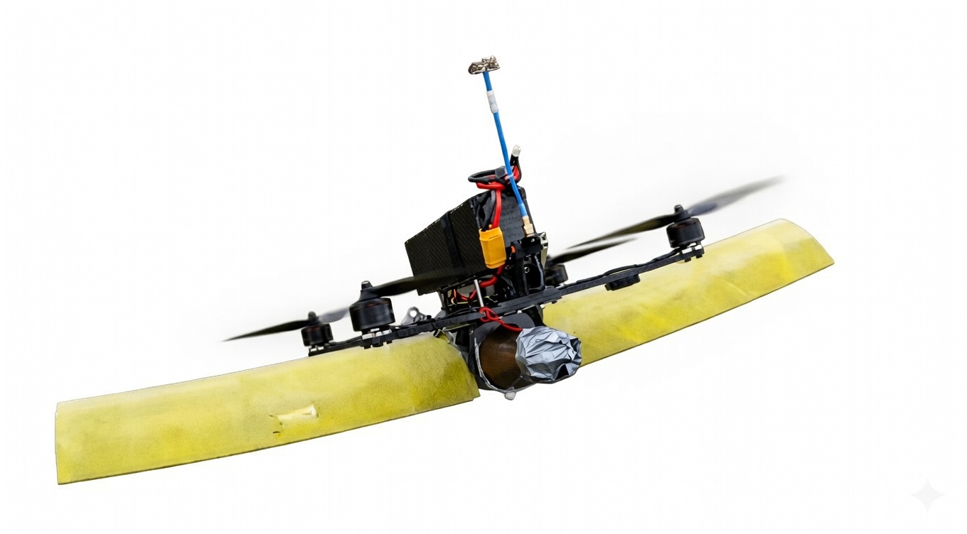 Ukrainian FPV quadcopter with a wing. Photo credits: @GrandpaRoy2