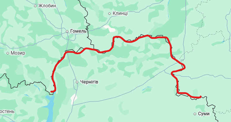 The new defense line stretches from the Kyiv Reservoir to the city of Sumy. Google Maps