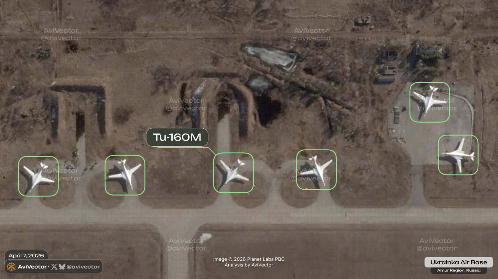 Satellite image of Ukrainka Air Base, taken on April 7, 2026. Source: @avivector.