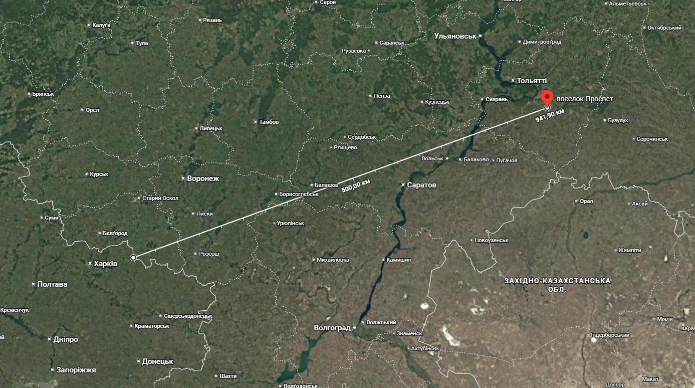 Distance from Ukraine to the Samara oil terminal near the village of Prosvet in the Samara region