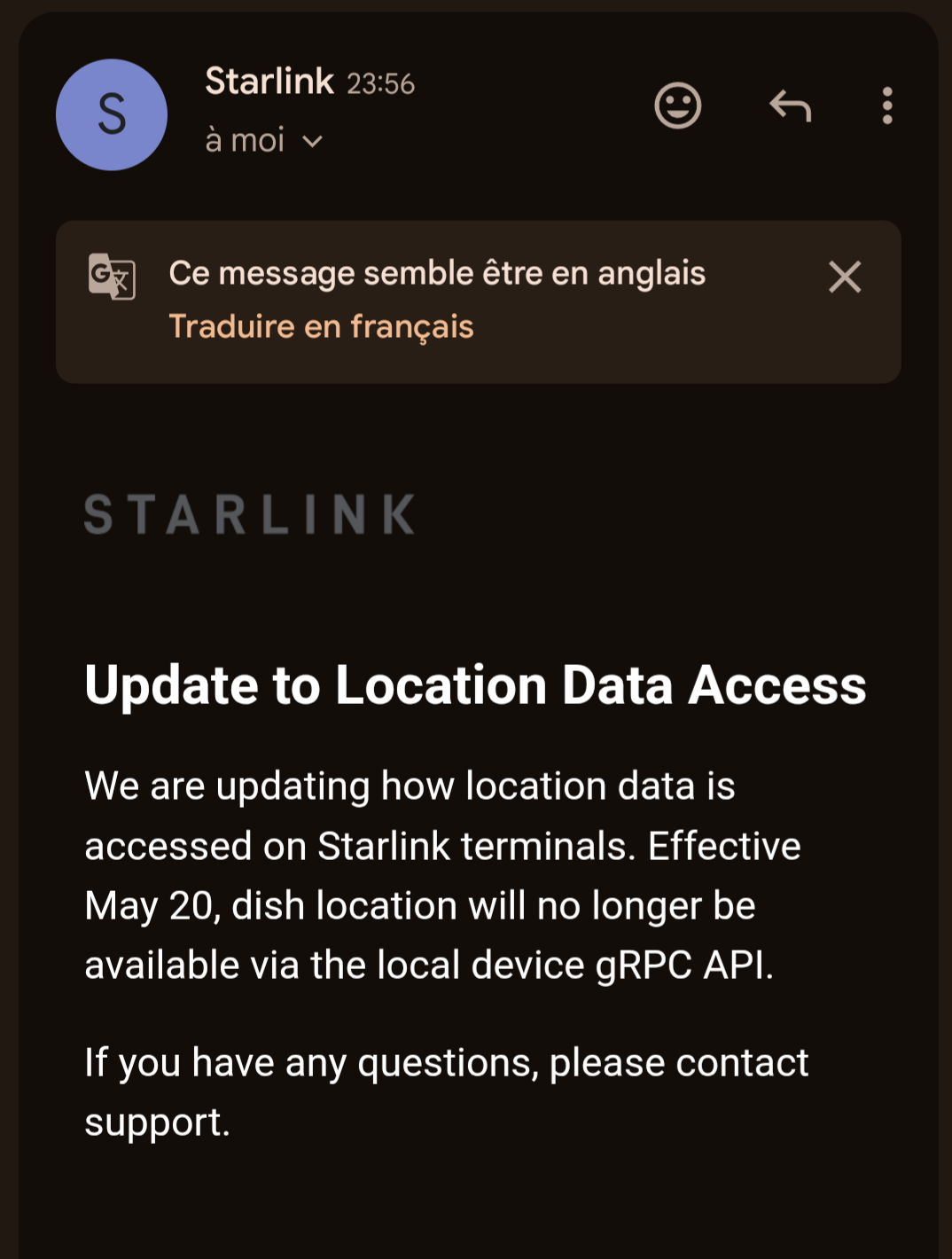 The Starlink data restriction notice. April 2026. Source: HiddenTTY/Reddit
