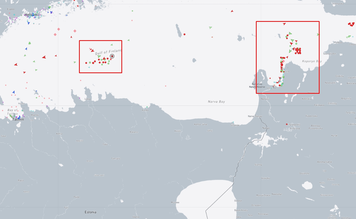 Tankers cluster near Vaindloo Island and the Russian port of Ust-Luga on April 22, 2026. Photo credits: marinetraffic.com