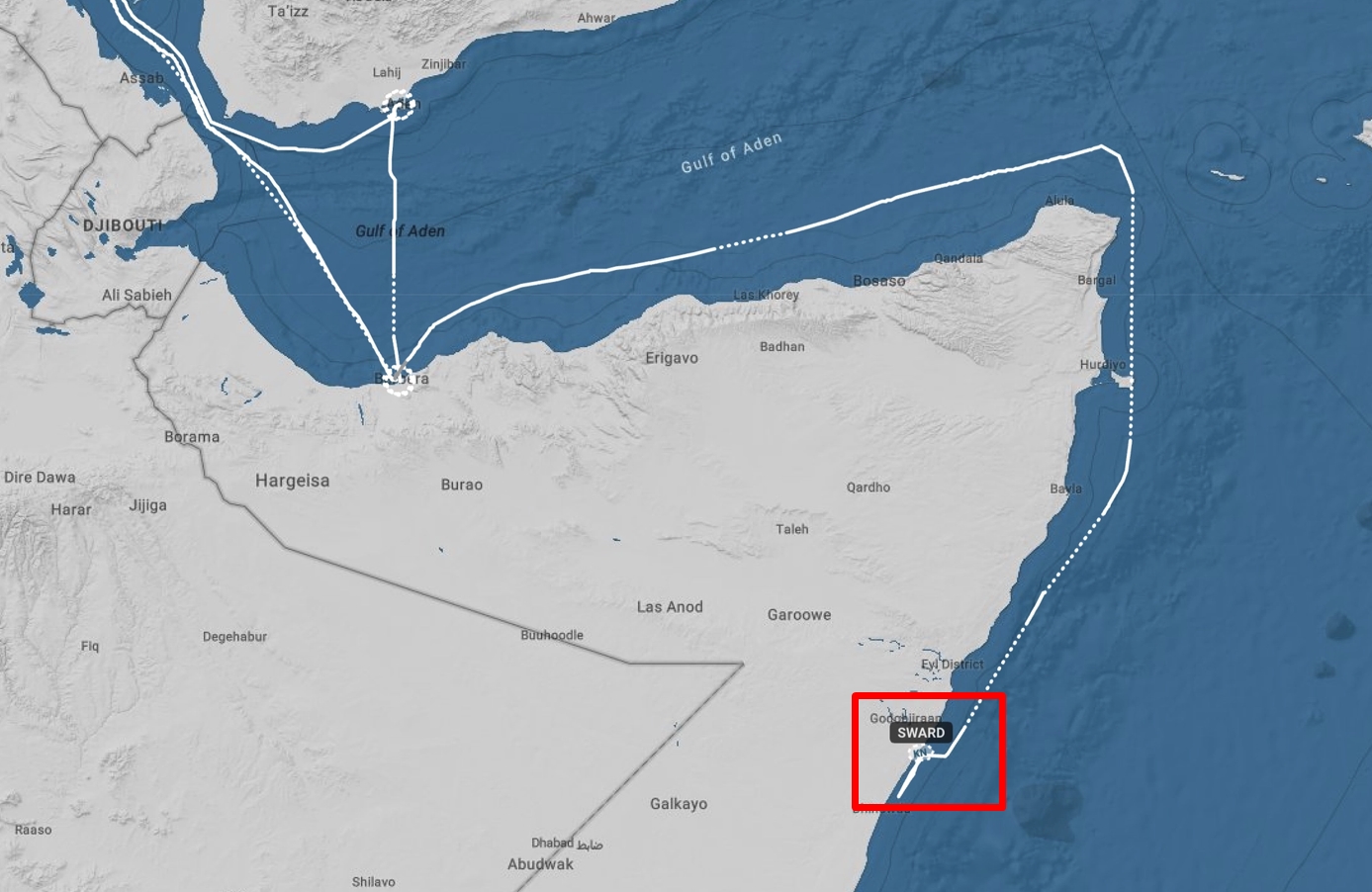 The area of activity of the Somali pirates who seized the Sward
