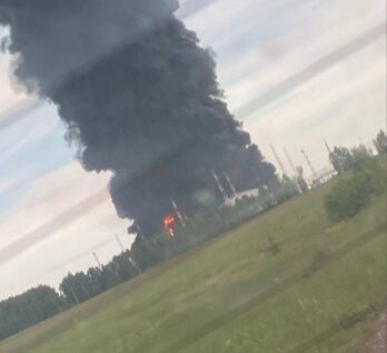 Fire on the territory of the Lazarevo oil pumping station in Russia’s Kirov region, May 31, 2026. Photo credits: Exilenova+