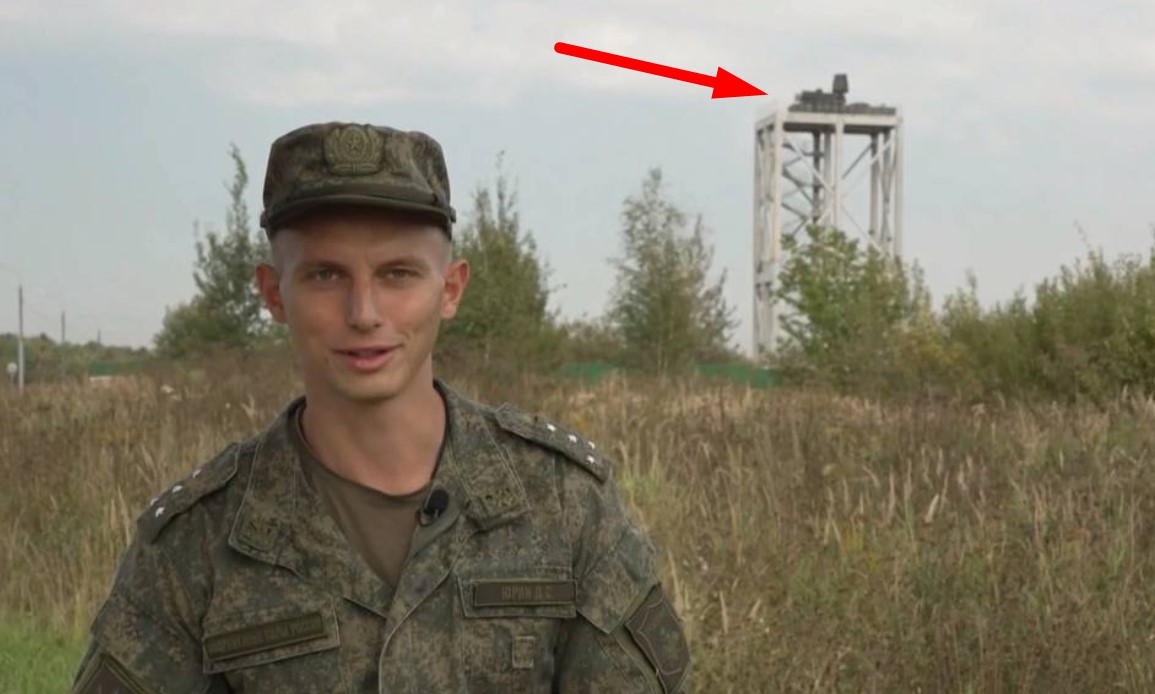 A tower fitted with a Pantsir-S1 in the Moscow region. September 2023. Russia. Screenshot from a TV Rossiya broadcast