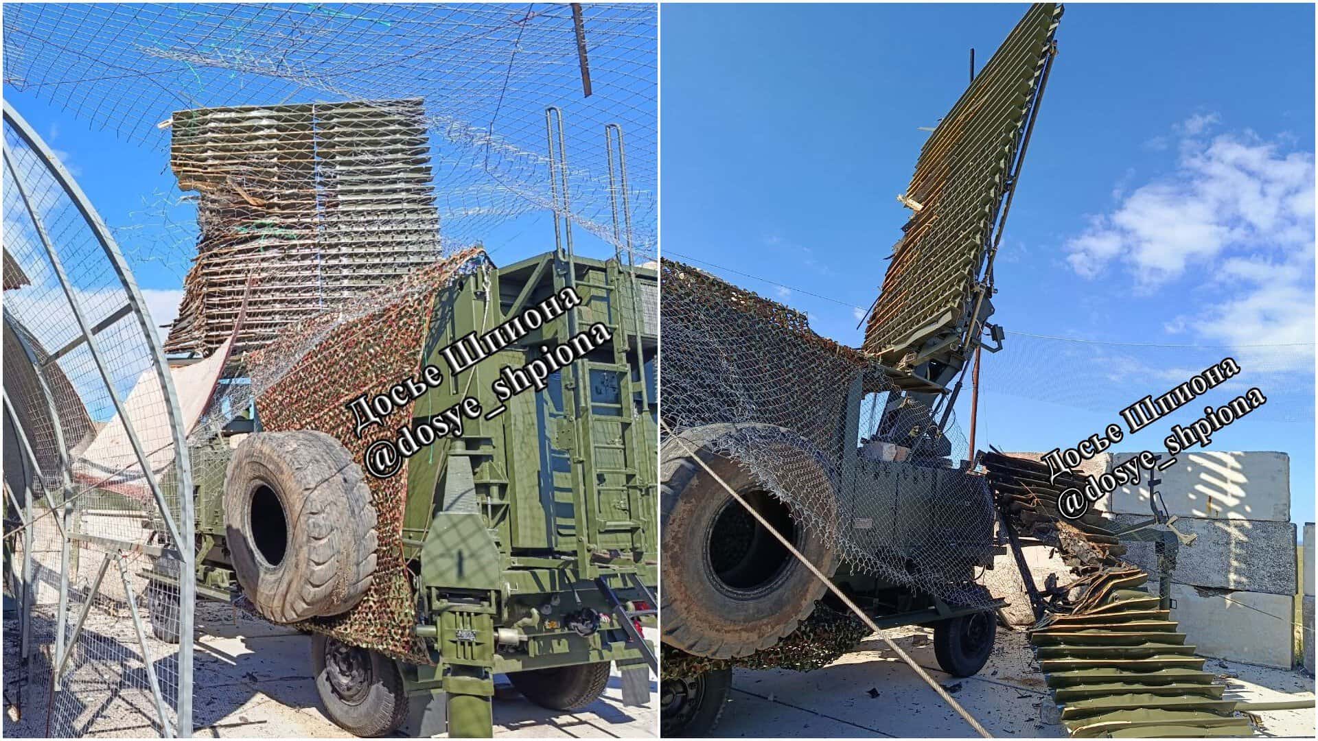 Damaged Russian DRL-27SE control radar module of the RSP-28ME system at Belbek airfield in Crimea. May 2026. Photo credits: t.me/dosye_shpiona