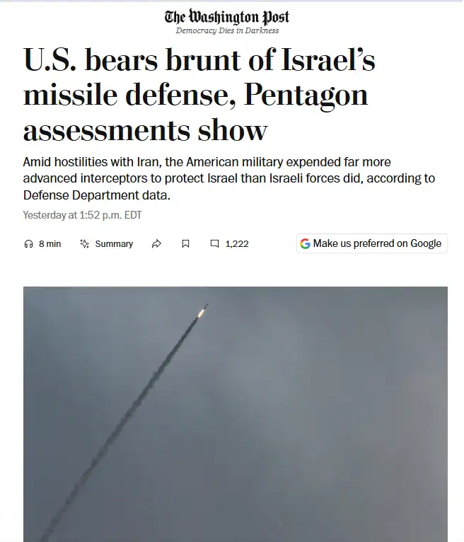 Публікація  The Washington Post від 22.05.2026. U.S. bears brunt of Israel’s missile defense, Pentagon assessments show. Скріншот.