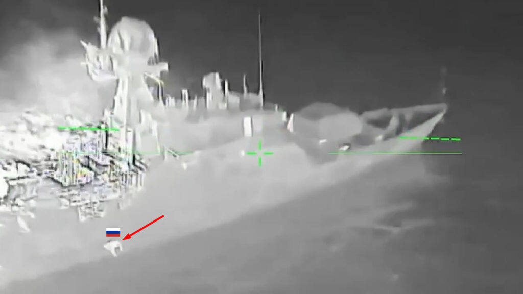 Russian crew of the Buyan-M class ship Grad jumping into the water during a Ukrainian drone attack. October 4, 2025. Photo credits: Ukrainian Special Operations Forces