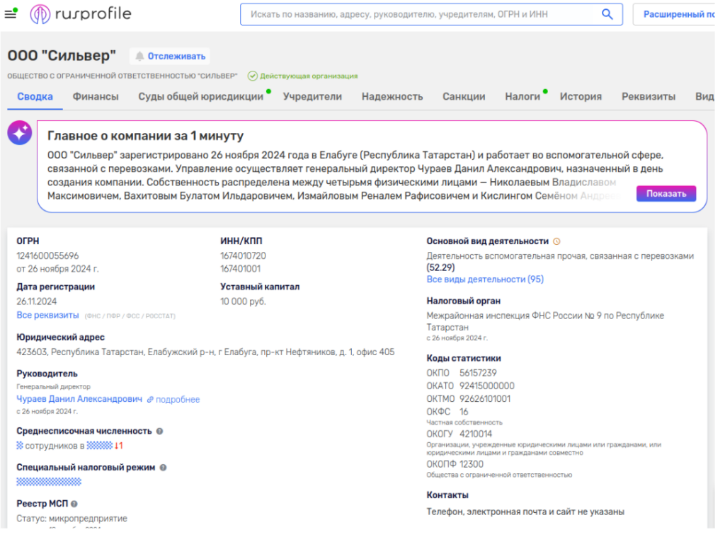 Реєстр компанії Silver LLC. Джерело: Rusprofile/Under the Radar.