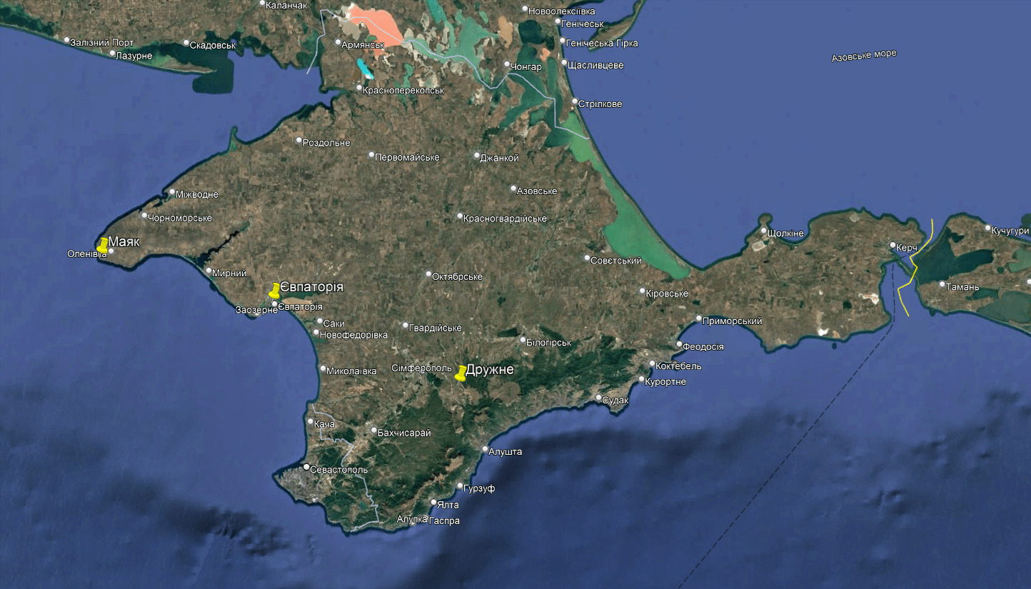 Locations of Russian missile systems and radars struck on the night of May 2, 2026, in Crimea. Google Earth map