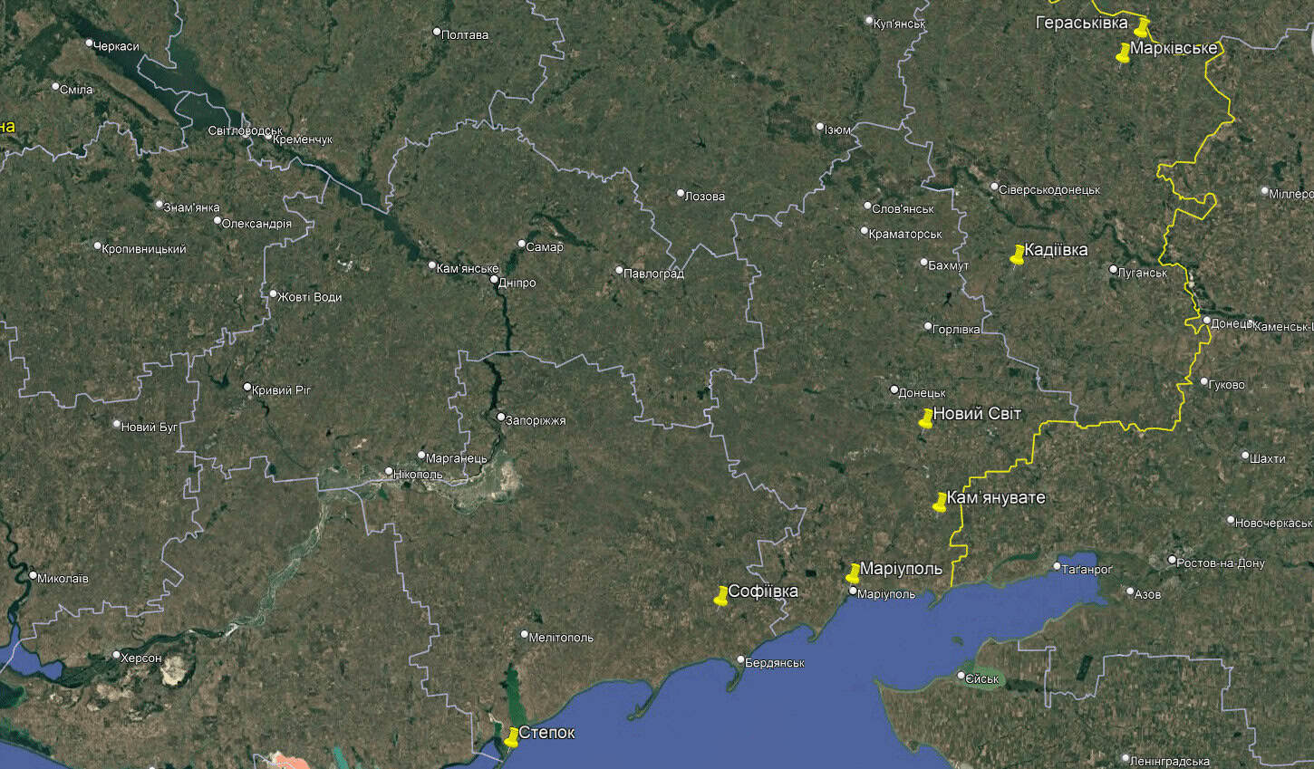 Locations of Russian facilities hit by USF. GoogleMaps