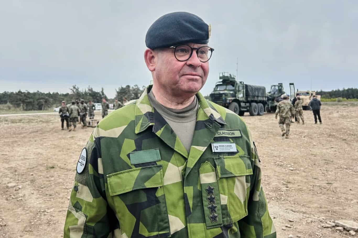 General Michael Claesson, Commander of the Swedish Armed Forces, attends military exercises on Gotland Island, Sweden, on Monday, May 11, 2026. Photo credits: AP / Emma Burrows