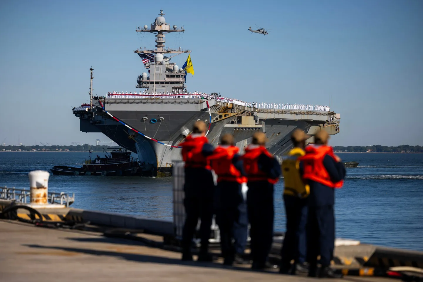 The US Navy aircraft carrier USS Gerald R. Ford (CVN 78) approaches the pier at Naval Station Norfolk, Virginia, after completing its historic deployment. Photo credits: U.S. Navy