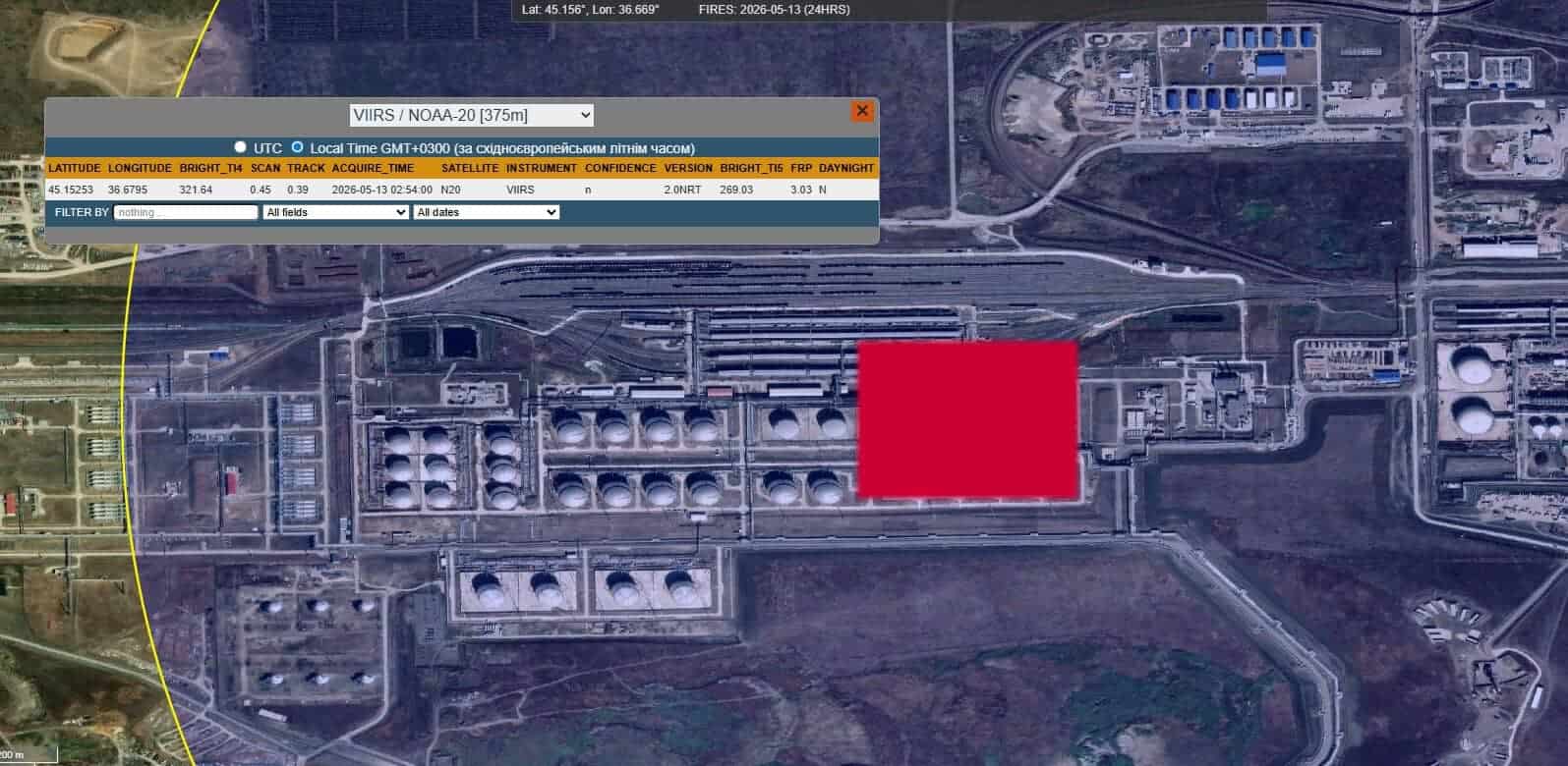 Fire recorded by NASA FIRMS in the port of Taman, May 13, 2026. Photo credits: NASA FIRMS