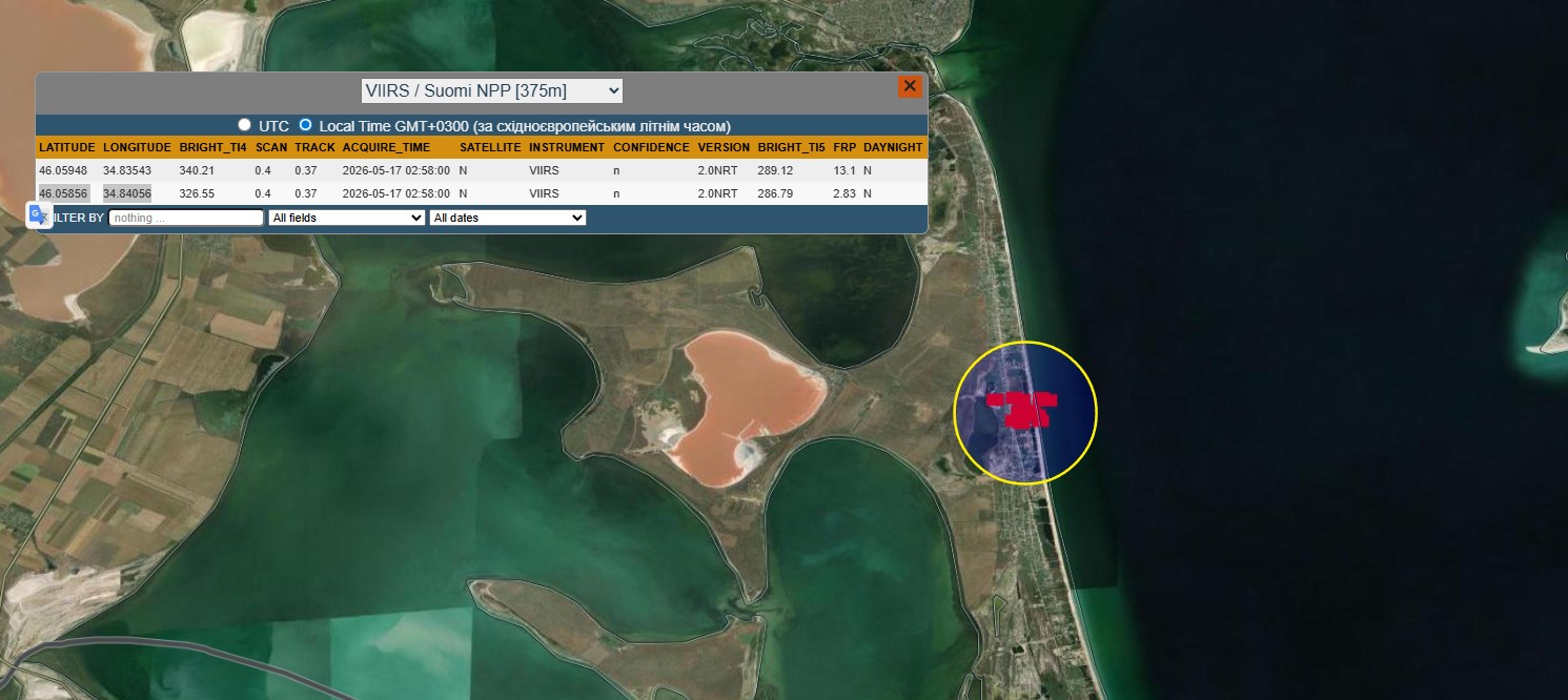 A fire recorded on the Arabat Spit after a strike by Ukrainian drones. May 17, 2026. Photo credits: NASA FIRMS