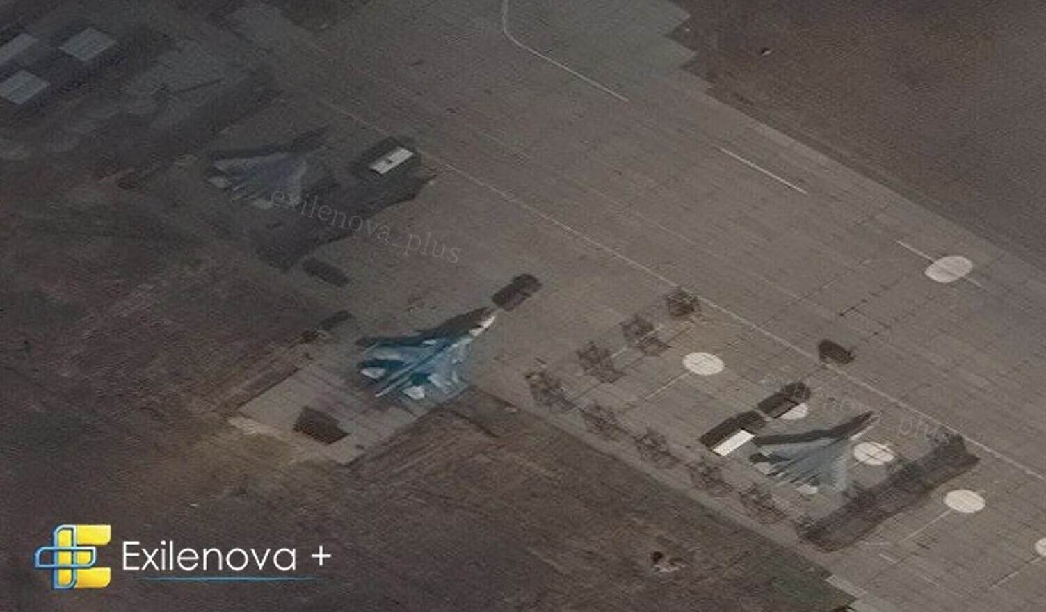 Two Su-57s and one Su-34 at the Shagol airfield. Source: Exilenova+