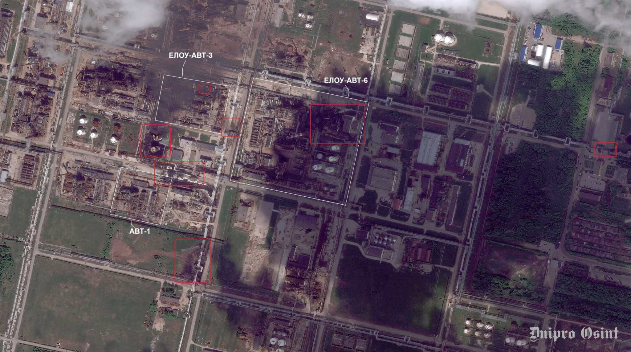 Satellite image of damaged facilities at the Ryazan refinery, May 18, 2026. Photo credits: Dnipro Osint