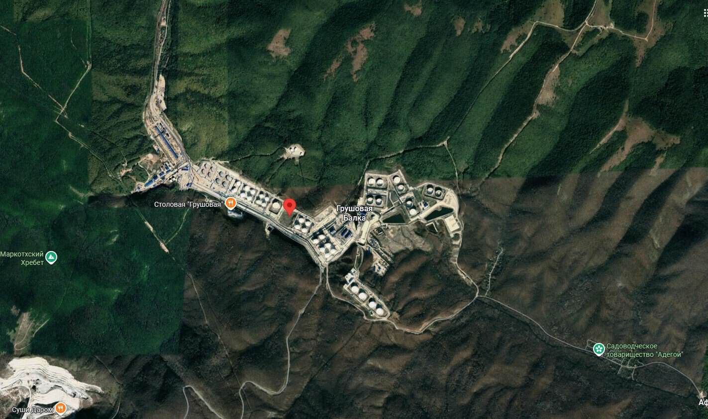 Satellite image of the Grushovaya oil terminal in Novorossiysk. Source: Google Maps.