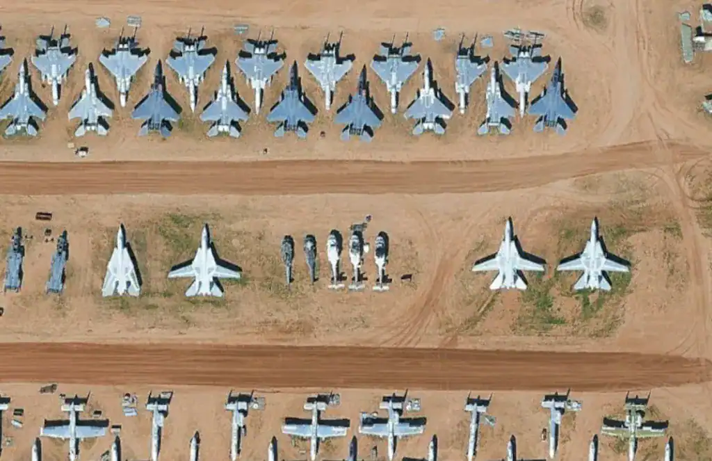 F-14 Tomcat fighters in storage at Davis-Monthan Air Force Base in Arizona. Photo credits: Google Earth