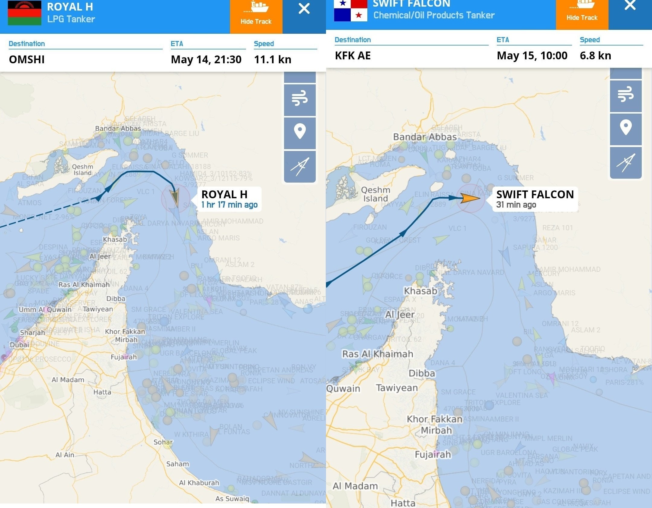 Two of thirty Chinese ships passing through the Strait of Hormuz. May 14, 2026. Photo credits: IWN