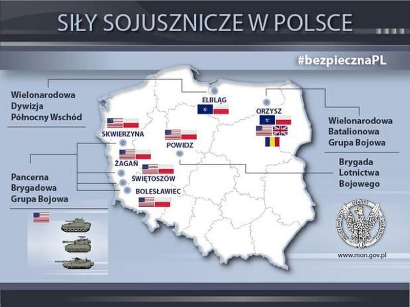 Мапа дислокації союзних військ НАТО та США на території Польщі, Джерело: Міністерством національної оборони Польщі