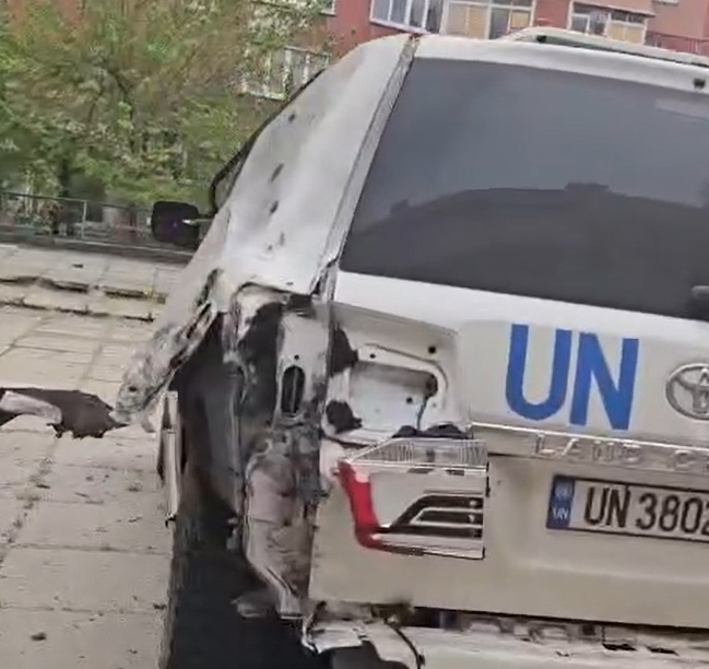 A UN mission vehicle after a drone attack. Photo credits: freeze frame from a Toronto Television video